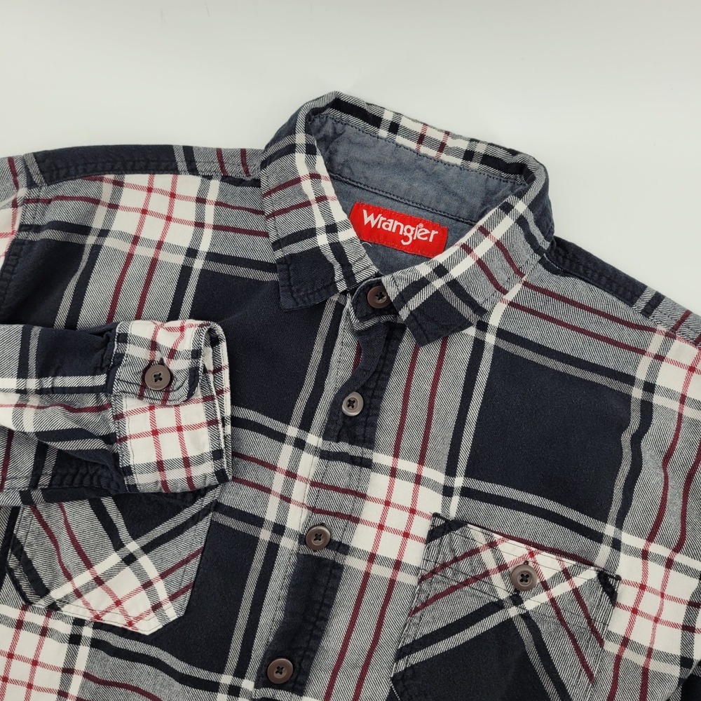 Wrangler Mens XL Plaid Button Down Shirt Navy Blue Red White Long Sleeve Cotton